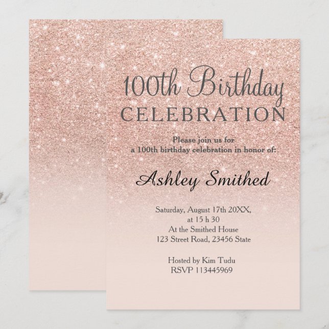 Convite Rosa dourado falso brilho rosa ombre 100º aniversá (Frente/Verso)