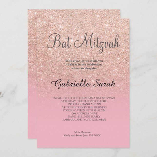 Convite Rosa dourado falso brilho rosa pálido Bat Mitzvah (Frente/Verso)