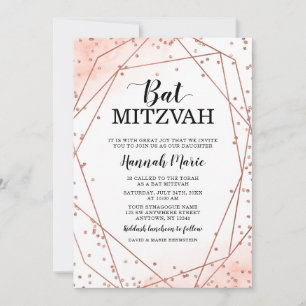 Convite Rosa Dourado Faux Glitter Geométrico Bat Mitzvah
