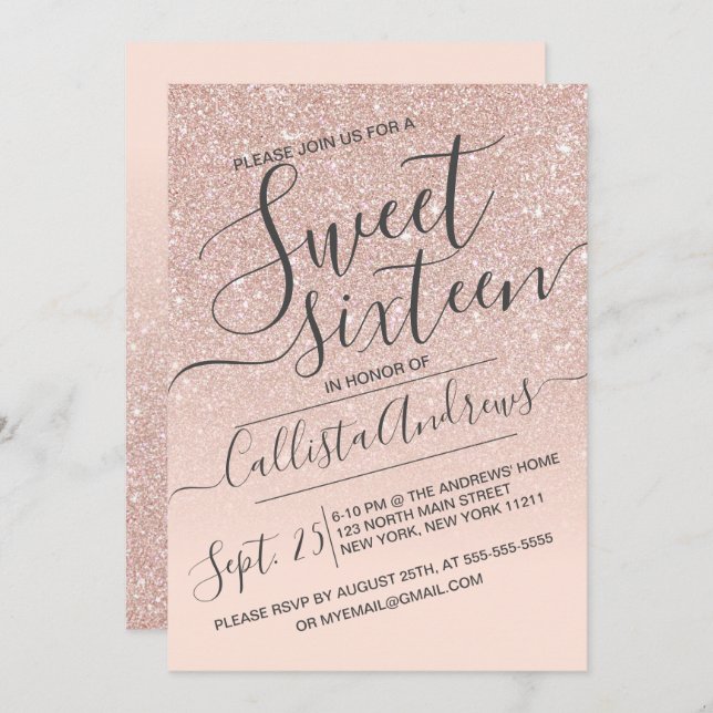 Convite Rosa Dourado Faux Sparkly Glitter Ombre Sweet 16 (Frente/Verso)