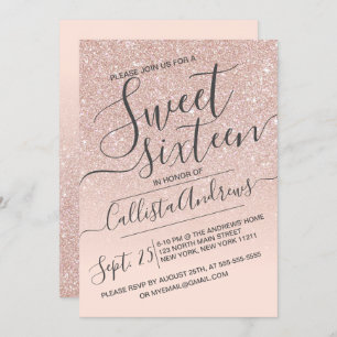 Convite Rosa Dourado Faux Sparkly Glitter Ombre Sweet 16