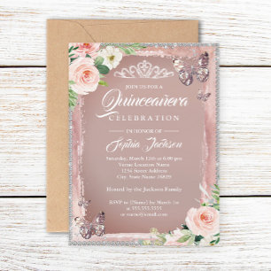 Convite Rosa Dourado Floral Borboleta Brilho Quinceanera