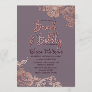 Convite Rosa Dourado Floral Purple Mauch Brunch e Bubble