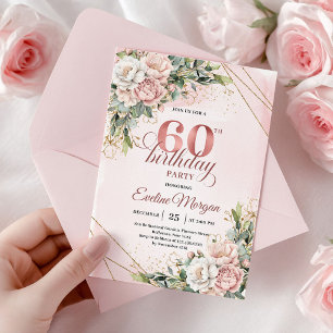 Convite Rosa Dourado Floral Verde Água 60º Aniversário