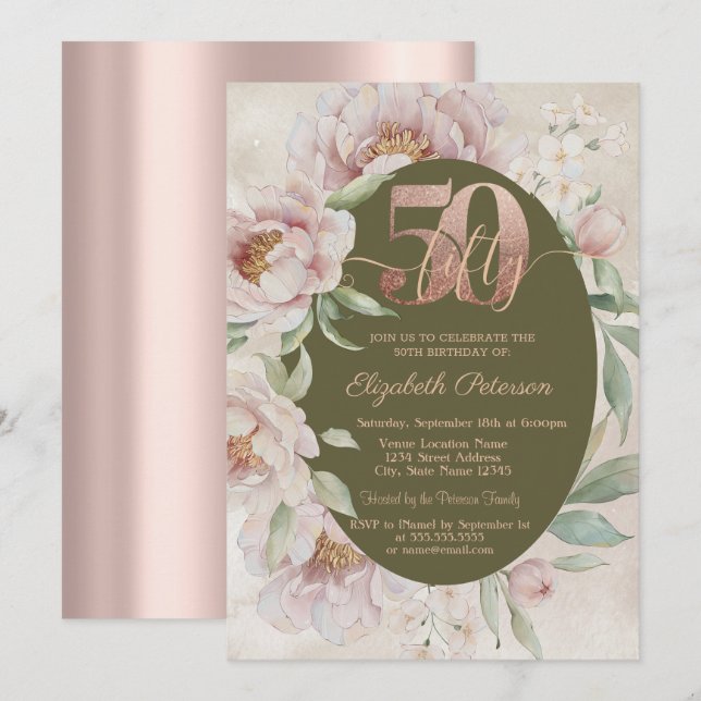 Convite Rosa Dourado Flores Elegantes 50º Aniversário  (Frente/Verso)