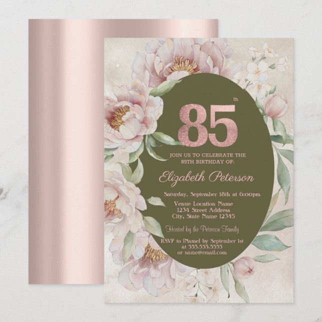 Convite Rosa Dourado Flores Elegantes 85º Aniversário  (Frente/Verso)