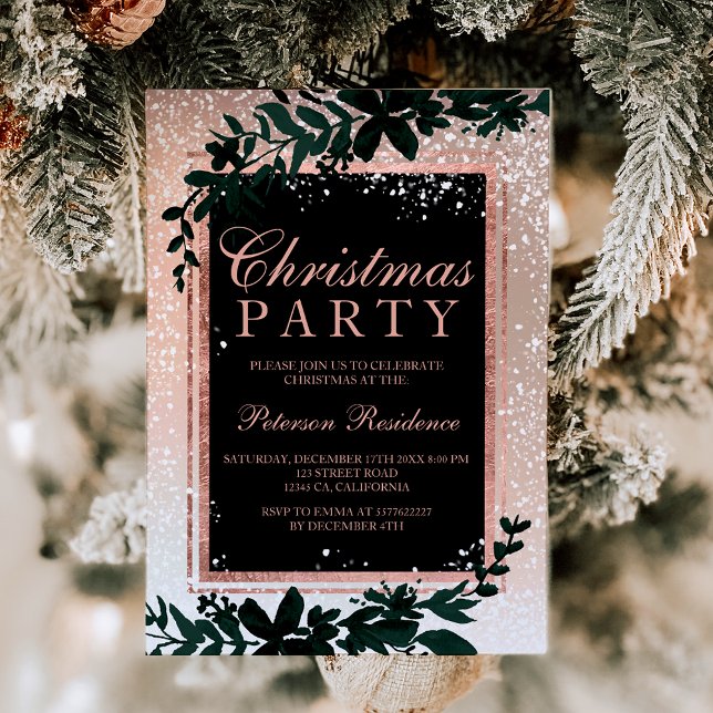Convite Rosa dourado folha de neve elegante Natal (Rose gold typography leaf snow elegant Christmas Invitation)