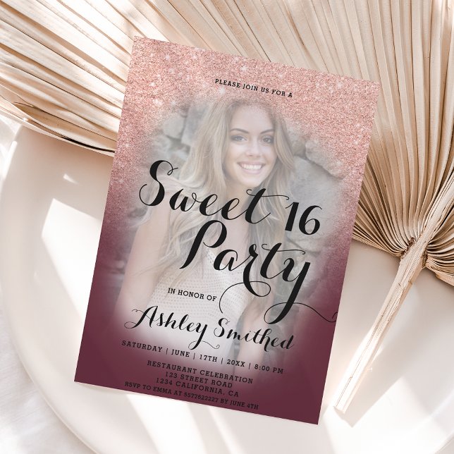 Convite Rosa dourado foto da burgundy ombre ombre Sweet 16 (Criador carregado)