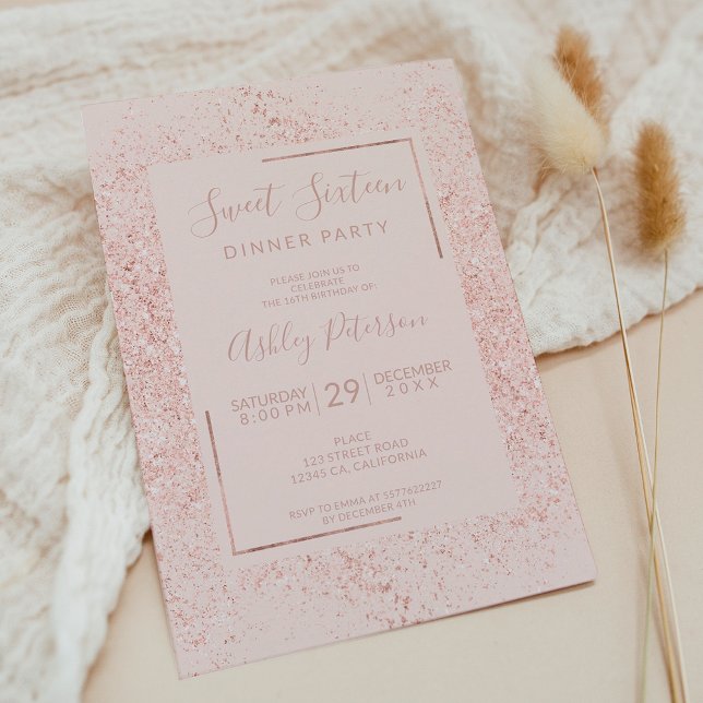 Convite Rosa dourado fusível fuselagem pastel cor-de-rosa  (Rose gold glitter frame pastel blush pink sweet 16 invitation)