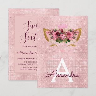 Convite Rosa Dourado Gatinho Sparkle Doce Dezesseis Aniver