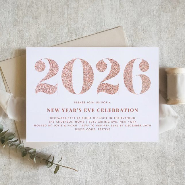 Convite Rosa Dourado Glitter 2024 Partido da Véspera do An (Customizable 2026 New Year's Eve party invitation featuring faux rose gold glitter.)
