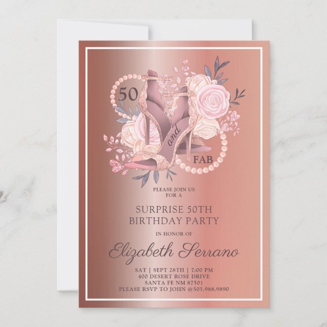 Convite Rosa Dourado Glitter 50º aniversário do Partido Su (Frente)