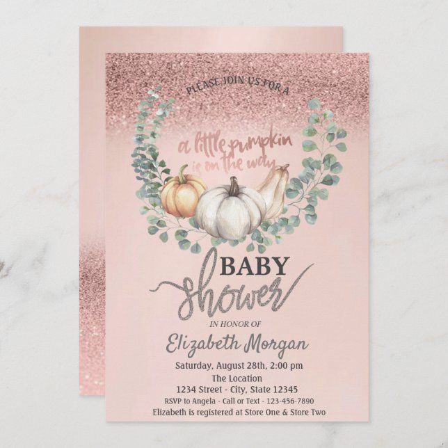 Convite Rosa Dourado Glitter Bokeh,Deixa Chá de fraldas de (Frente/Verso)