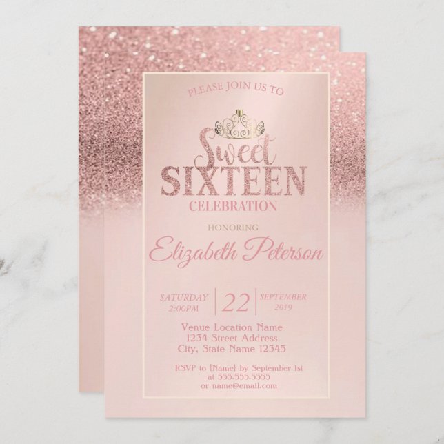 Convite Rosa Dourado Glitter Bokeh Ombre, Tiara Sweet 16 P (Frente/Verso)