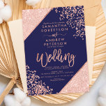 Convite Rosa dourado glitter confetti marinho azul<br><div class="desc">Rosa Dourada glitter confetti e tipografia de blocos coloridos no casamento geométrico de listras geométricas de marinho azul e de ouro falso,  perfeito para um casamento elegante e luxuoso, </div>