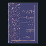 Convite Rosa Dourado Glitter Confetti Side Sweet 16<br><div class="desc">Esse elegante e luxuoso convite de aniversário de dezesseis anos é perfeito para um evento clássico e formal. Ele apresenta um confete brilhante rosa dourado cintilante impresso no lado e na parte superior de uma borda de retângulo fino rosa dourado e fundo azul marinho. É chico, glamouroso, moderno, simples e...</div>