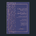 Convite Rosa Dourado Glitter Confetti Side Sweet 16<br><div class="desc">Esse elegante e luxuoso convite de aniversário de dezesseis anos é perfeito para um evento clássico e formal. Ele apresenta um confete brilhante rosa dourado cintilante impresso no lado e na parte superior de uma borda de retângulo fino rosa dourado e fundo azul marinho. É chico, glamouroso, moderno, simples e...</div>