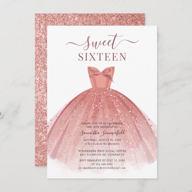 Convite Rosa Dourado Glitter Doce Doce 16 Aniversário (Frente/Verso)