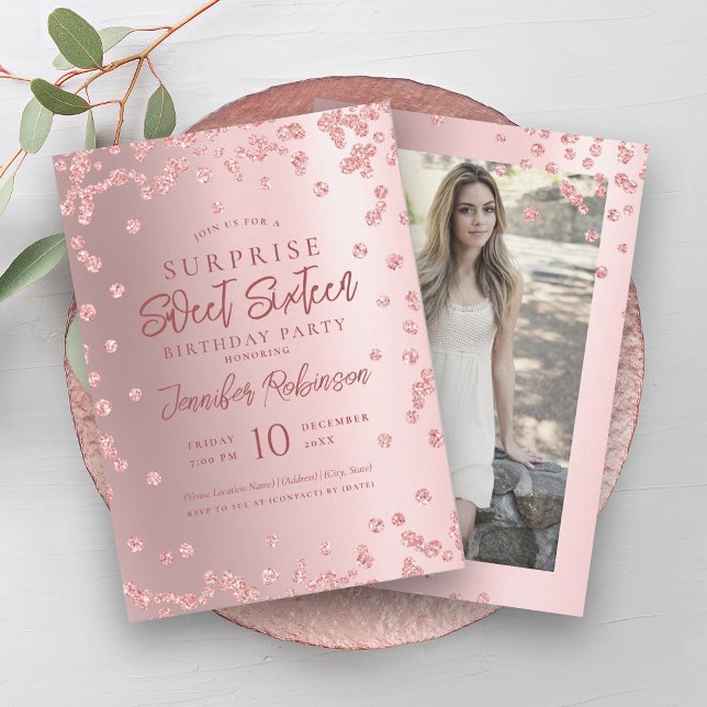 Convite Rosa Dourado Glitter Foto SURPRISE Sweet 16 (Rose Gold Glitter Photo SURPRISE Sweet 16 Invitation)