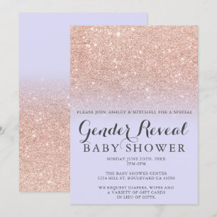 Convite Rosa dourado glitter lavanda gênero revelador beb