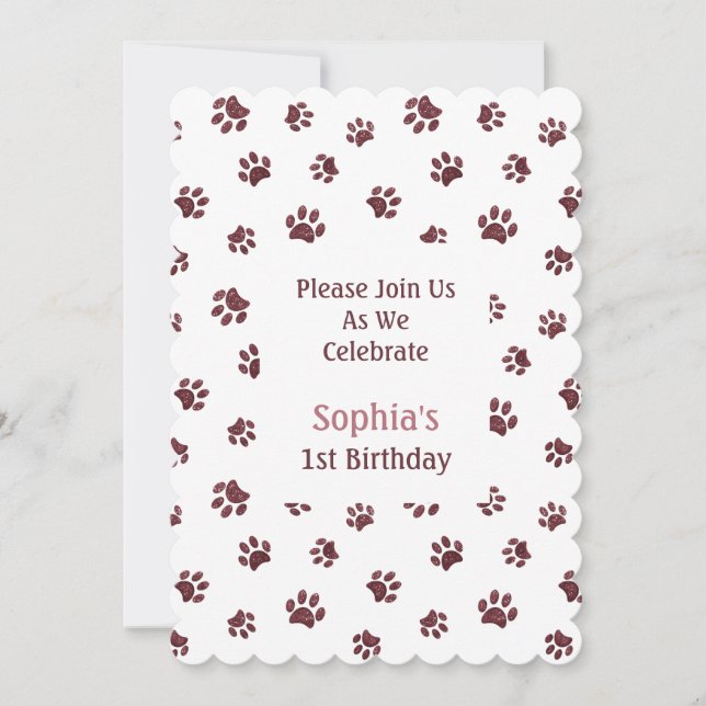 Convite Rosa Dourado Glitter Paw Prints Pet Birthday Invit (Frente)
