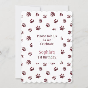 Convite Rosa Dourado Glitter Paw Prints Pet Birthday Invit