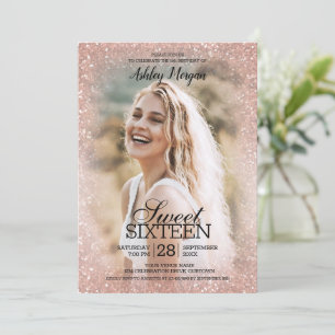 Convite Rosa Dourado Glitter Photo Template Sweet 16 Party
