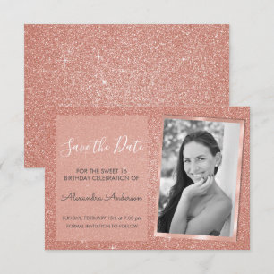 Convite Rosa Dourado Glitter Sweet 16 Salve a data