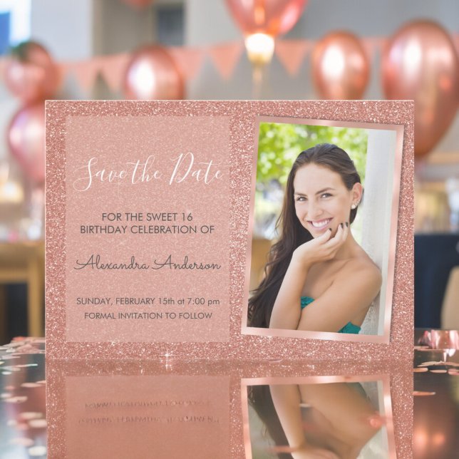 Convite Rosa Dourado Glitter Sweet 16 Salve a data (Criador carregado)