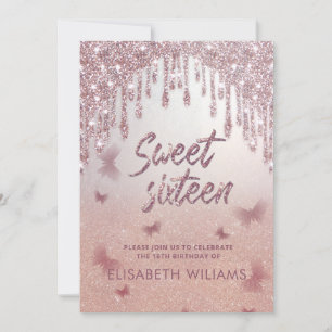 Convite Rosa dourado glittery dris ombre borboleta invitat