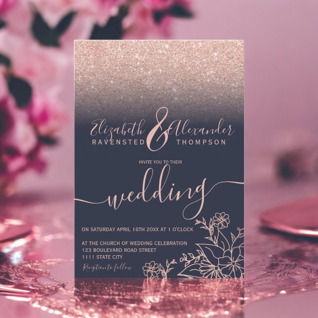 Convite Rosa dourado glória floral marinho azul roteiro ca (Rose gold floral glitter navy blue script wedding invitation)