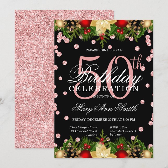 Convite Rosa Dourado Holiday Glitter Glam 50th Birthday (Frente/Verso)