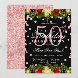 Convite Rosa Dourado Holiday Glitter Glam 50th Birthday 