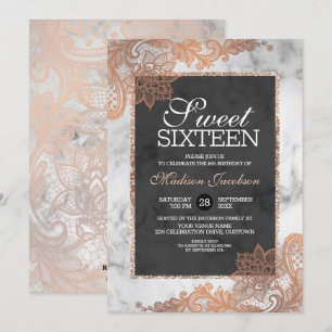 Convite Rosa Dourado Lace e Marble Sweet Party
