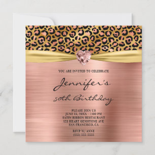 Convite Rosa Dourado Leopardo Folha Gema Coração 50º Anive
