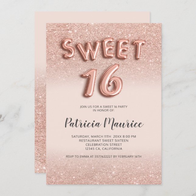 Convite Rosa dourado - letras ombre cor-de-rosa doce 16 (Frente/Verso)