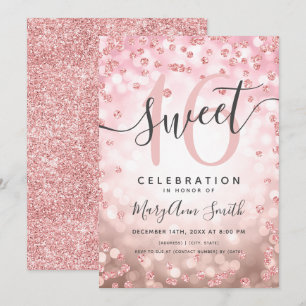 Convite Rosa Dourado Luzes Brilhantes Confetti 16º Anivers