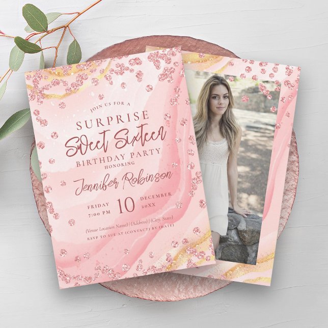 Convite Rosa Dourado Marble Glitter Foto SURPRISE Sweet 16 (Rose Gold Marble Glitter Photo SURPRISE Sweet 16 Invitation)