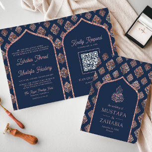 Convite Rosa Dourado Marinha Damask Arco Código QR Casamen