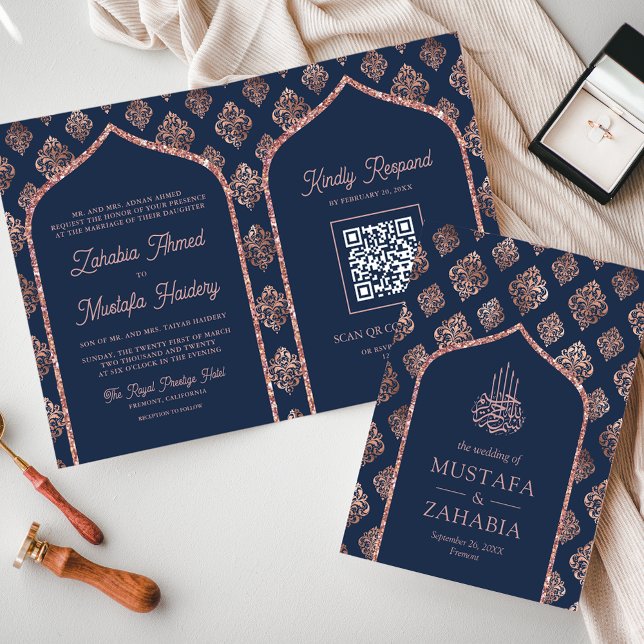 Convite Rosa Dourado Marinha Damask Arco Código QR Casamen (Criador carregado)