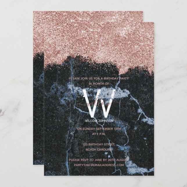 Convite Rosa Dourado Mármaco Negro Brilhante A Qualquer An (Frente/Verso)