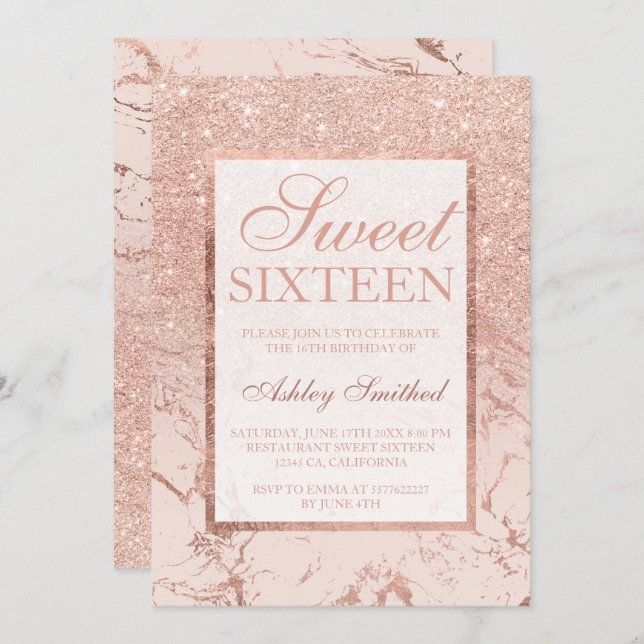 Convite Rosa dourado mármore elegante chic Sweet 16 (Frente/Verso)