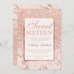 Convite Rosa dourado mármore elegante chic Sweet 16