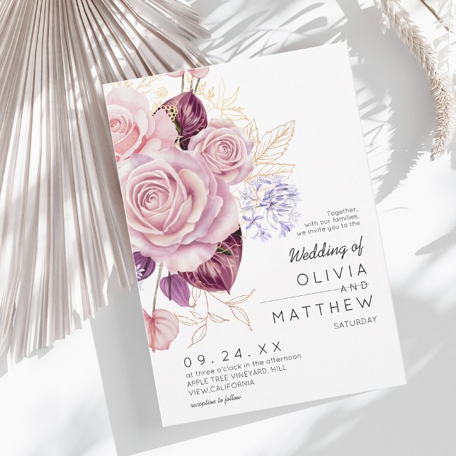 Convite Rosa Dourado Moderno Blush Floral Casamento  (Criador carregado)