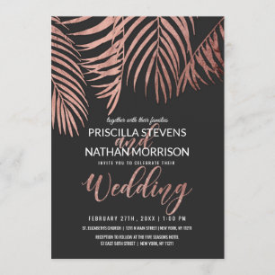 Convite Rosa Dourado Palm Tree Fronds Black Modern Wedds