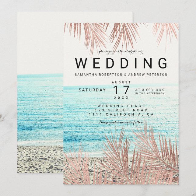 Convite Rosa dourado palmeira elegante foto de praia casam (Frente/Verso)