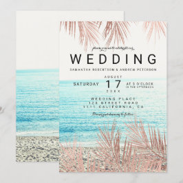Convite Rosa dourado palmeira elegante foto de praia casam