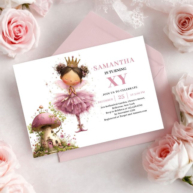 Convite Rosa Dourado para 5º Aniversário da Menina (Cute Fairy Girl 5th Birthday Pink Rose Gold invitation)