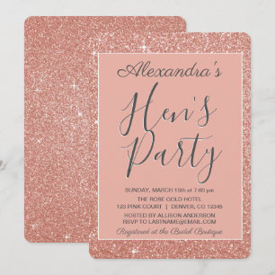 Convite Rosa Dourado partido Glitter Hen