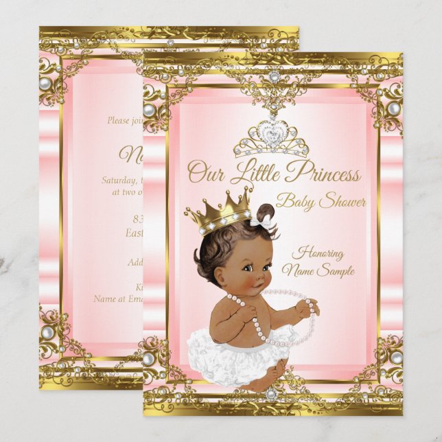 Convite Rosa Dourado Pérola Branca Princesa Chá de Bebê Es (Frente/Verso)
